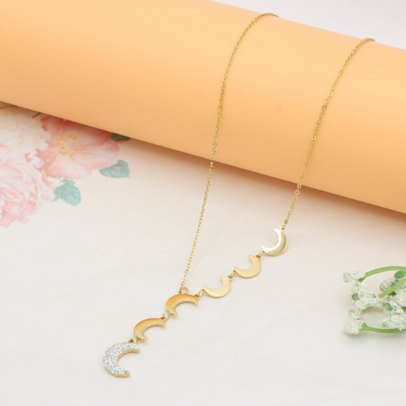 Gold Plated Moon Phase Necklace with Elegant Crescent Charms, XPNL0384 - Picture 10 of 13
